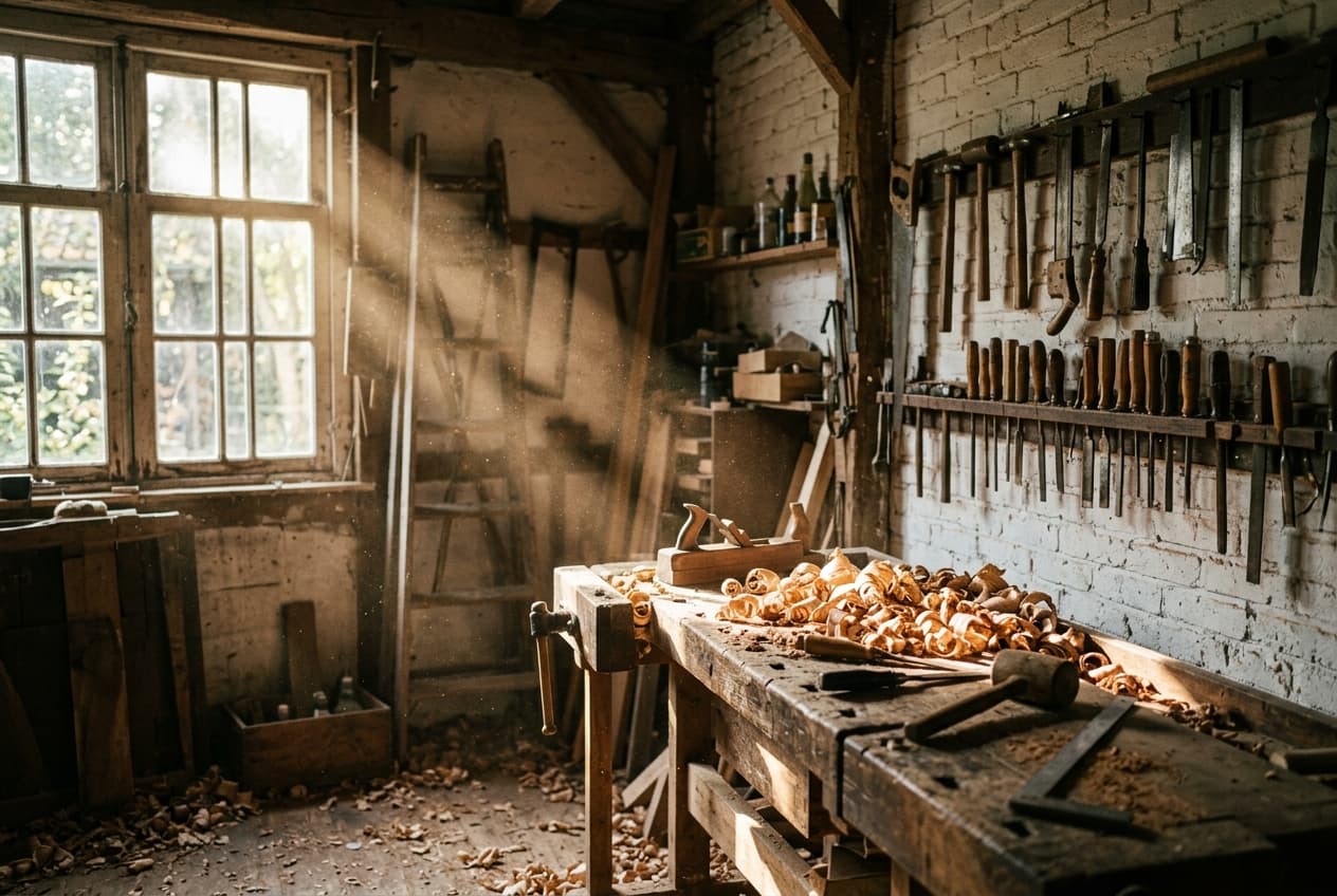 Werkplaats met gereedschap aan de muur