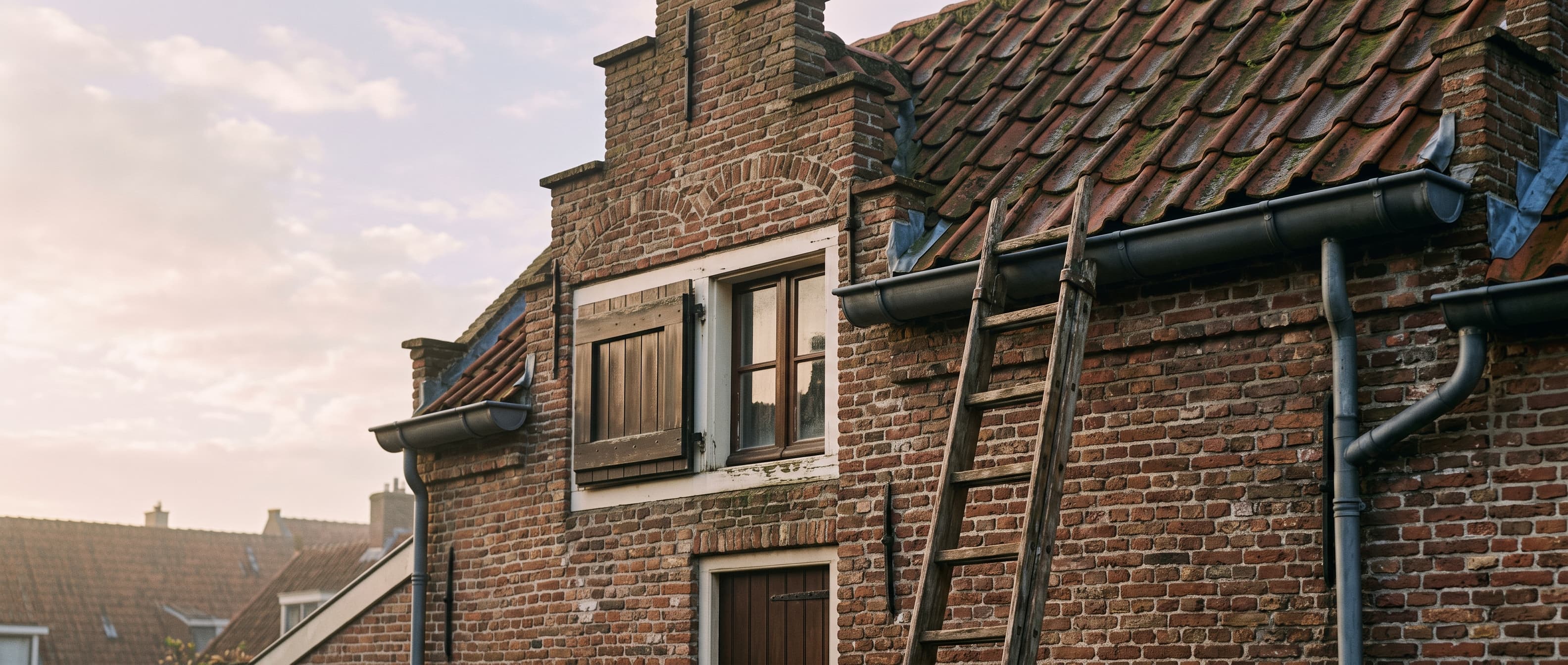 Rode dakpannen en een bakstenen geveltop van een Nederlandse rijwoning, met een houten ladder tegen de zinken dakgoot