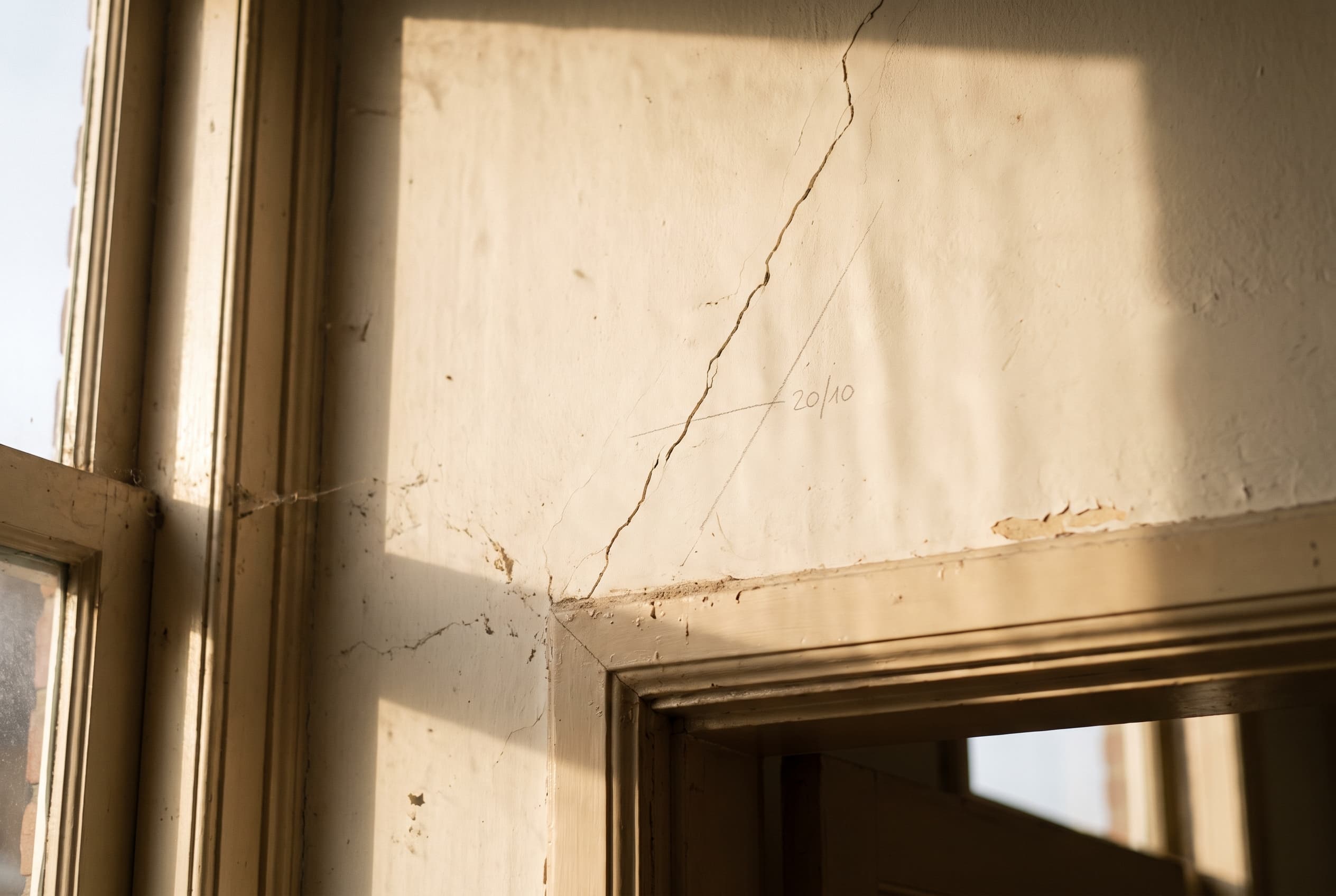 Diagonale scheur in het stucwerk boven een deurkozijn, met een potloodstreep en de datum ernaast om te zien of hij verder loopt