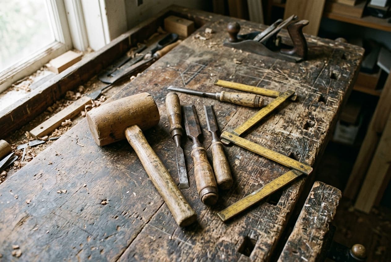 Gereedschap van een timmerman op een werkbank: een houten hamer, beitels en een duimstok tussen zaagsel en potloodstrepen