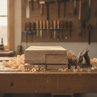 A workbench with blocks of timber, wood shavings and a rack of hand tools above it.