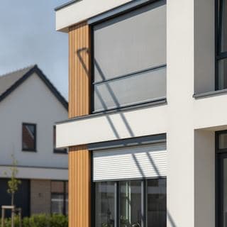 A modern facade with wooden louvres as sun shading in front of the windows.